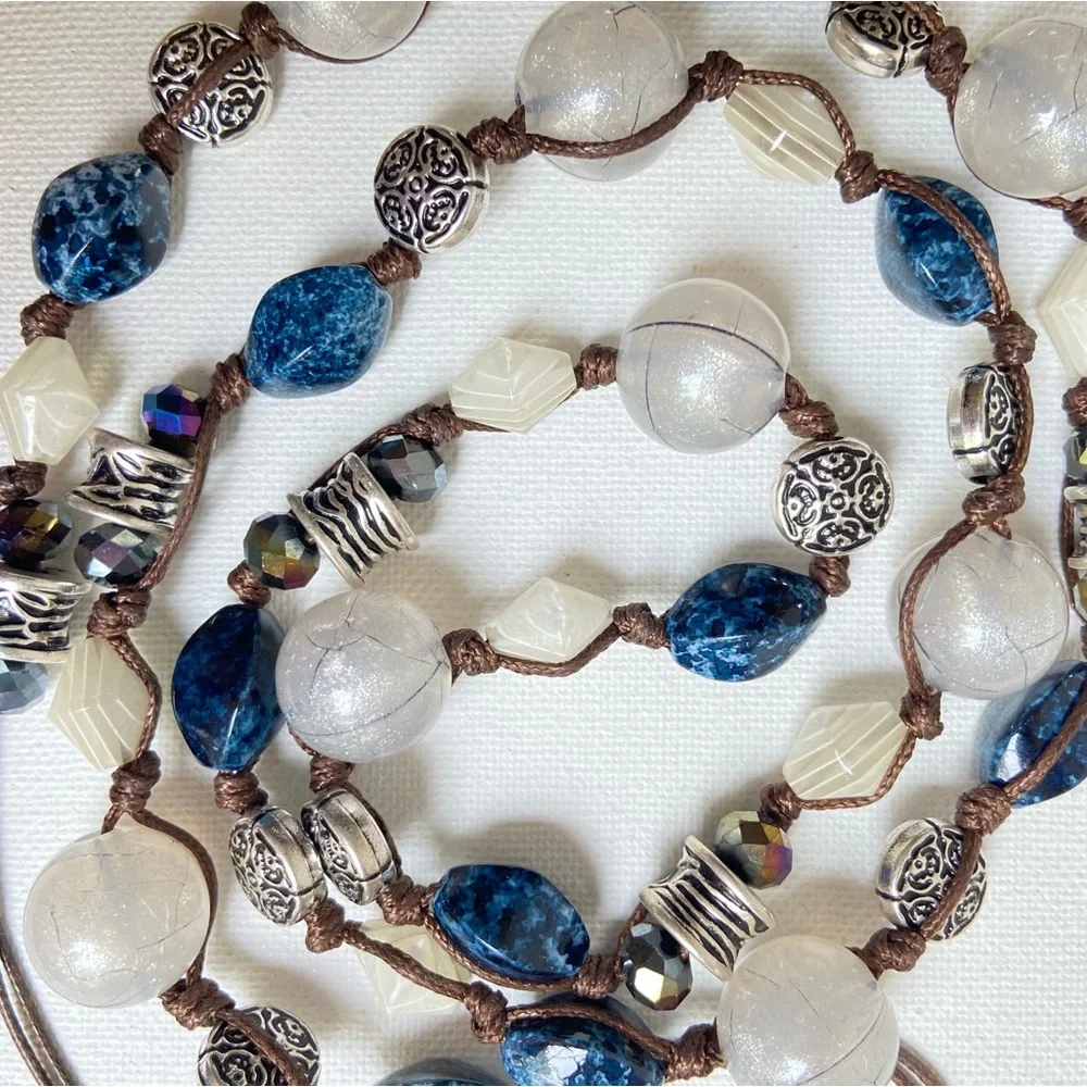 Premier Designs Chambray necklace blue white silvertone beads on cord with bolo